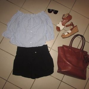 Off-shoulder Blue and White Striped Top